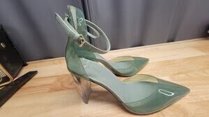 Aldo Cinderella Glass Green Slipper Pointed Toe Pump W Ankle Straps Size 8